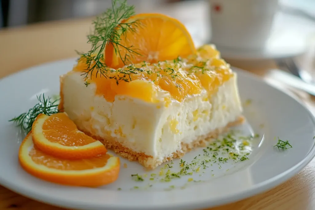 A slice of angel food cake topped with orange slices, citrus glaze, and garnished with fresh dill, served on a white plate.