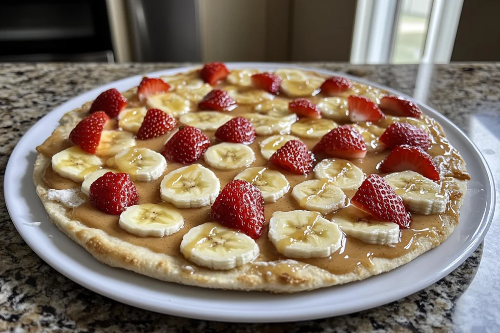 Sweet breakfast pizza topped with peanut butter, sliced bananas, fresh strawberries, and a drizzle of honey on a white plate.