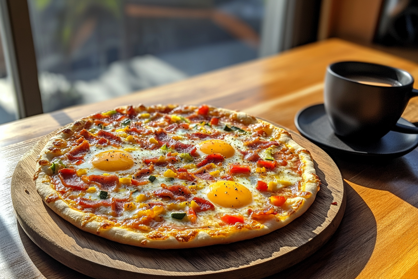 Breakfast pizza topped with sunny-side-up eggs, colorful vegetables, and melted cheese on a wooden platter, accompanied by a black coffee cup