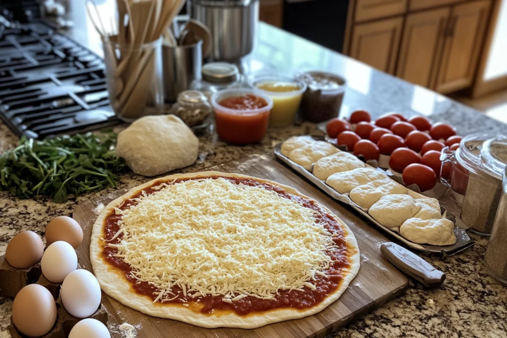 Preparation of breakfast pizza with dough, tomato sauce, shredded cheese, eggs, and fresh ingredients on a kitchen counter.