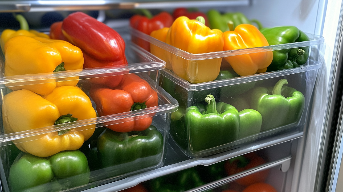 Freshly picked yellow, red, and green bell peppers stored in clear ventilated containers inside a refrigerator for optimal freshness.