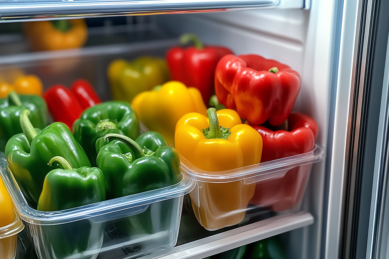 Freshly picked yellow, red, and green bell peppers stored in clear ventilated containers inside a refrigerator for optimal freshness.