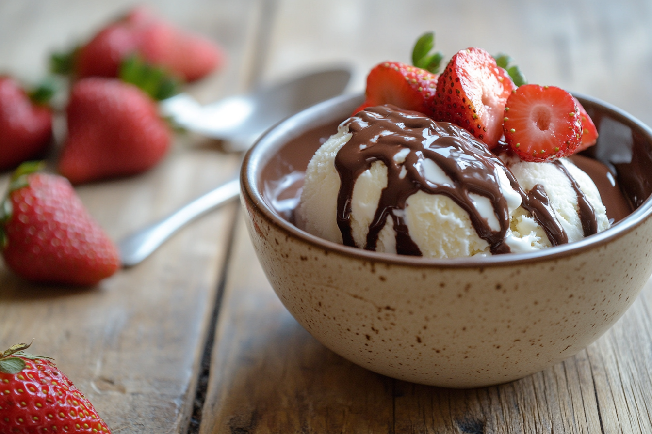 Vanilla ice cream topped with warm chocolate sauce and fresh strawberries in a white bowl.