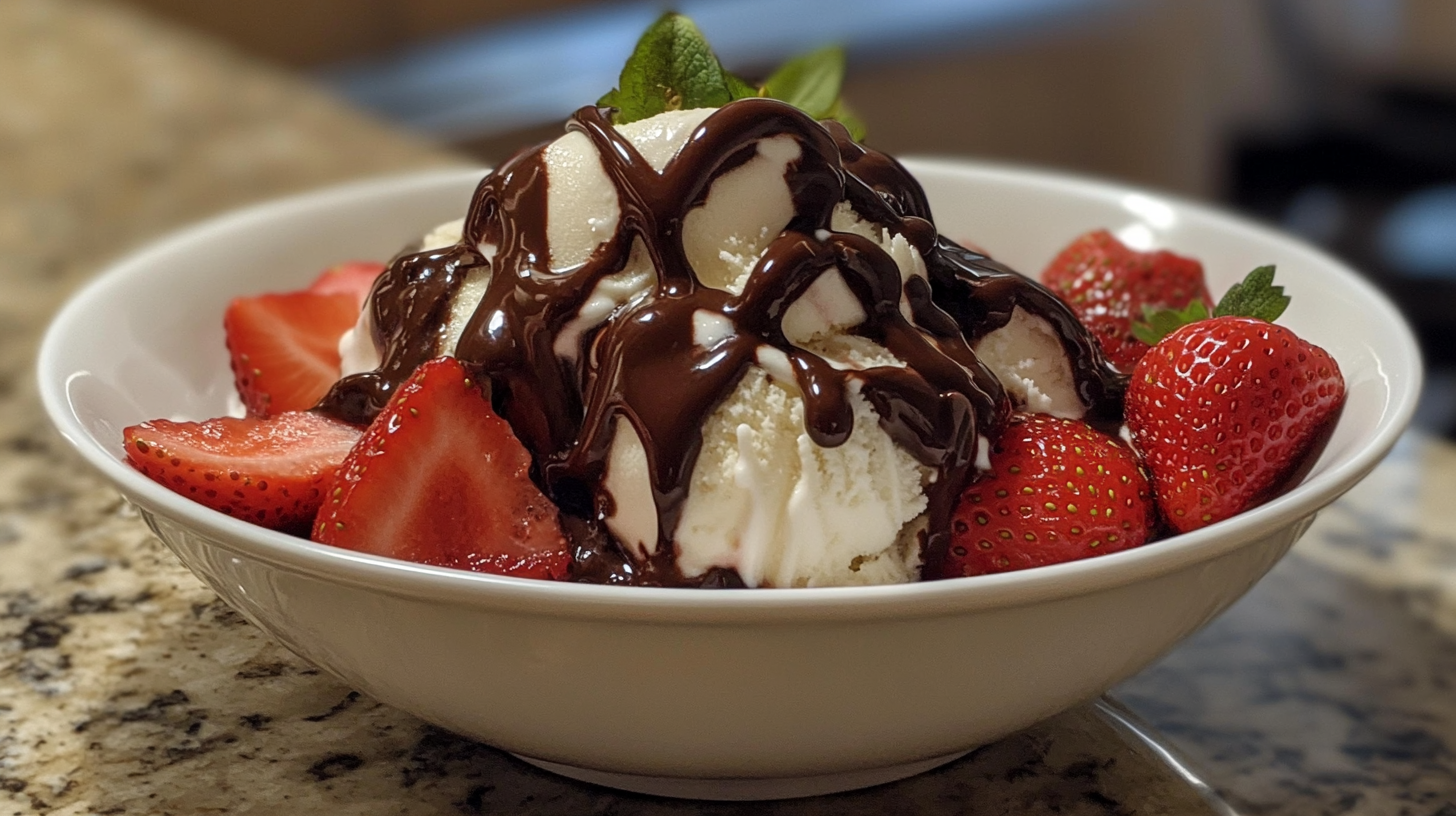 Vanilla ice cream topped with warm chocolate sauce and fresh strawberries in a white bowl.