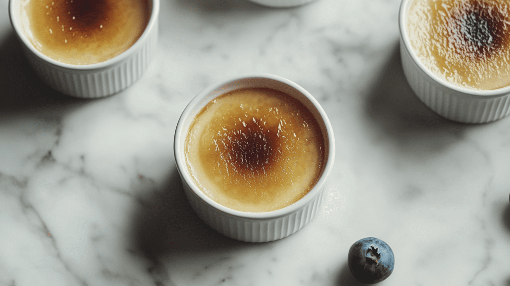 A minimalist presentation of crème brûlée in white ramekins, showcasing the caramelized sugar crust on a smooth custard base, placed on a marble background with a single fresh blueberry as a subtle garnish.