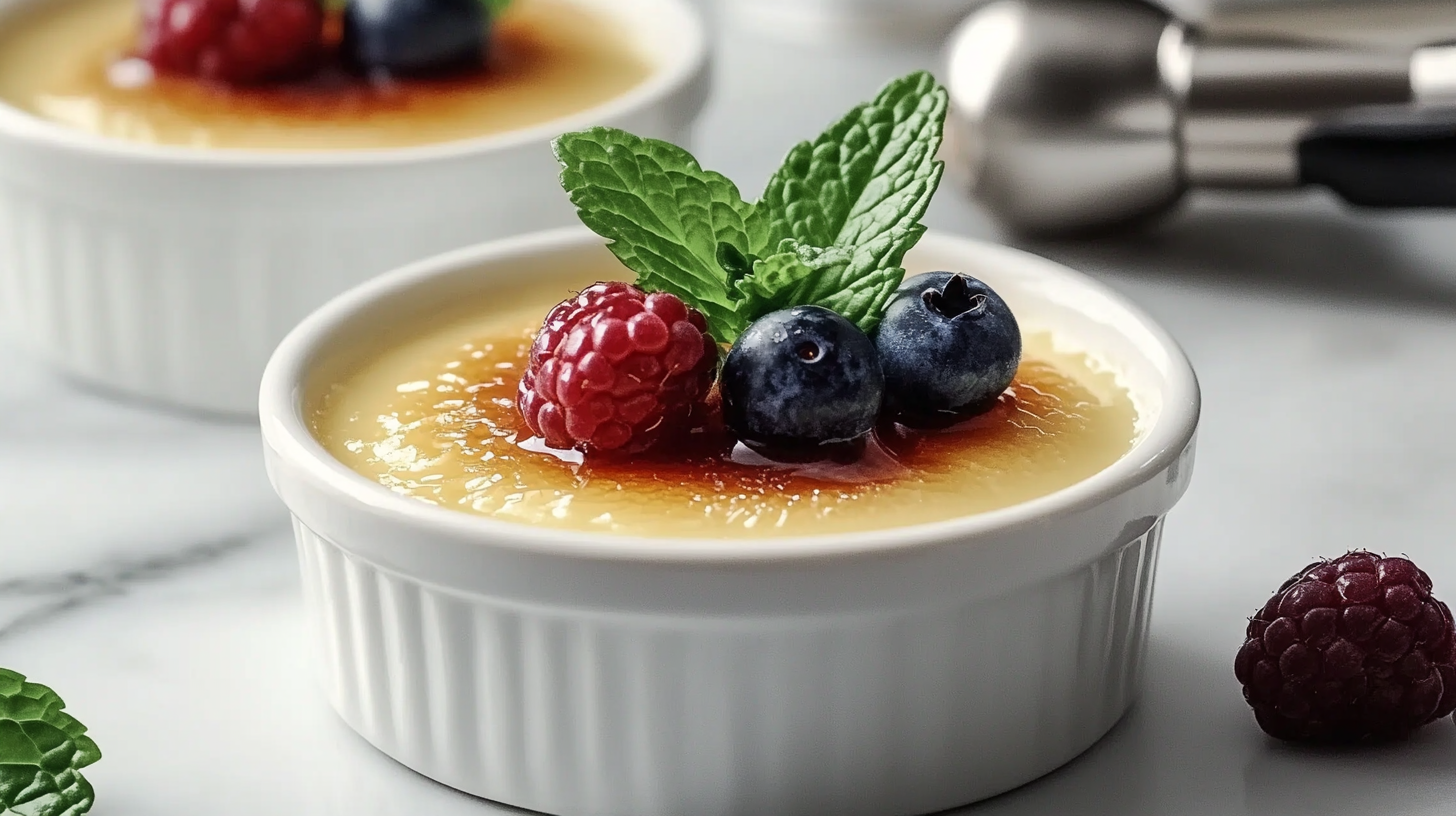 A close-up of a classic crème brûlée served in a white ramekin, topped with a caramelized sugar crust, fresh raspberries, blueberries, and a sprig of mint, placed on a white marble surface.