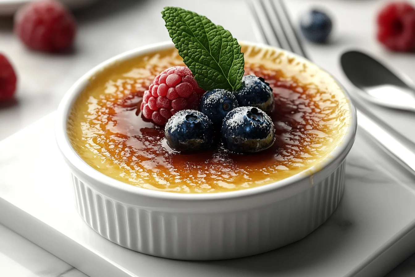 A ramekin of crème brûlée topped with fresh blueberries, a raspberry, and a mint leaf, with a caramelized golden surface.