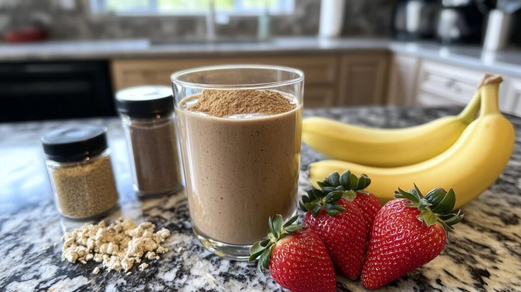 A creamy smoothie in a glass topped with a sprinkle of powder, surrounded by fresh strawberries, bananas, and jars of powdered supplements, on a granite countertop.