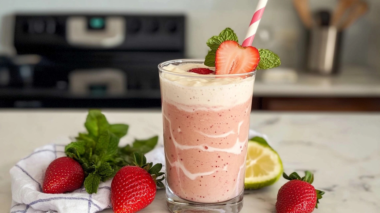 A pink layered smoothie in a clear glass, garnished with a strawberry slice, mint leaves, and a striped straw, surrounded by fresh strawberries, mint, and a lime on a kitchen countertop.