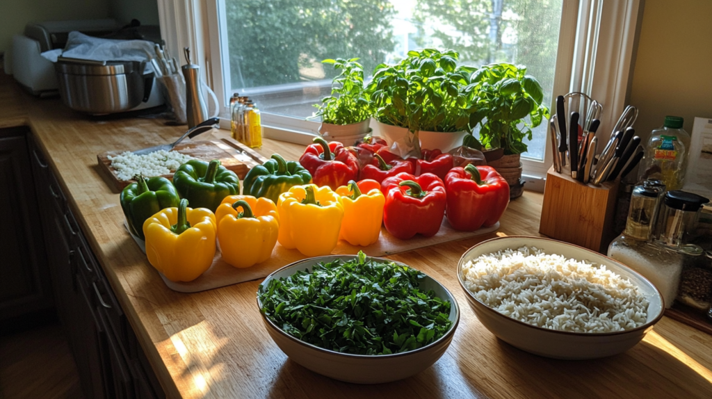 A vibrant kitchen counter featuring colorful bell peppers (red, yellow, and green), a bowl of cooked rice, freshly chopped herbs, and a sunny window in the background, highlighting a preparation scene for stuffed peppers.