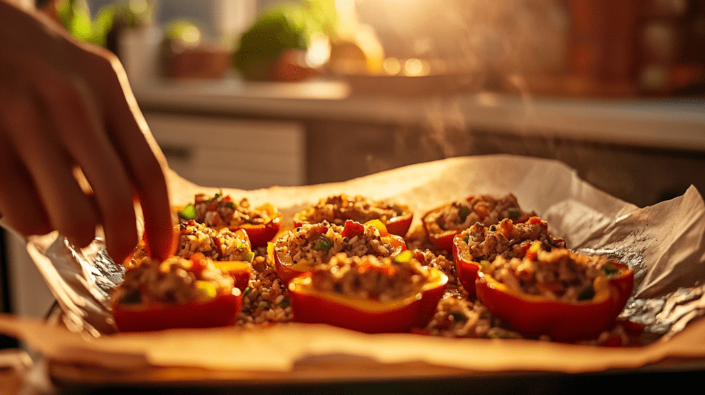 A close-up view of freshly stuffed bell peppers filled with a mix of rice, vegetables, and protein, placed on parchment paper in a baking tray with a hand adjusting one of the peppers, illuminated by warm light in a cozy kitchen setting.