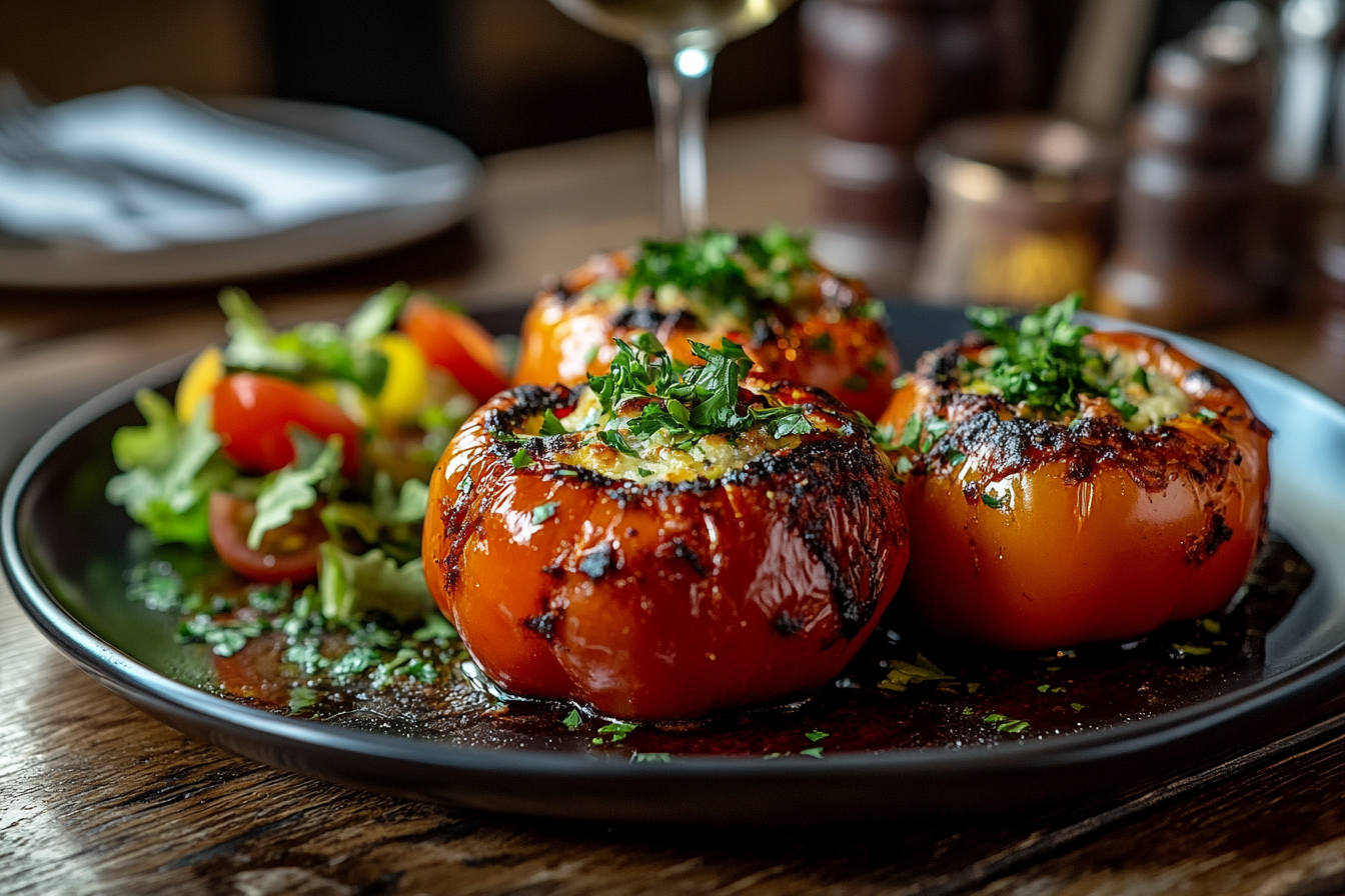 A plated dish featuring beautifully baked stuffed bell peppers garnished with fresh parsley, served alongside a vibrant green salad with sliced tomatoes and cucumbers, presented on a rustic black plate.