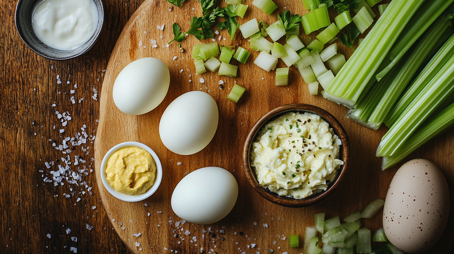 Ingredients for egg salad, including hard-boiled eggs, chopped celery, parsley, mustard, and a bowl of creamy egg salad, arranged on a wooden cutting board.