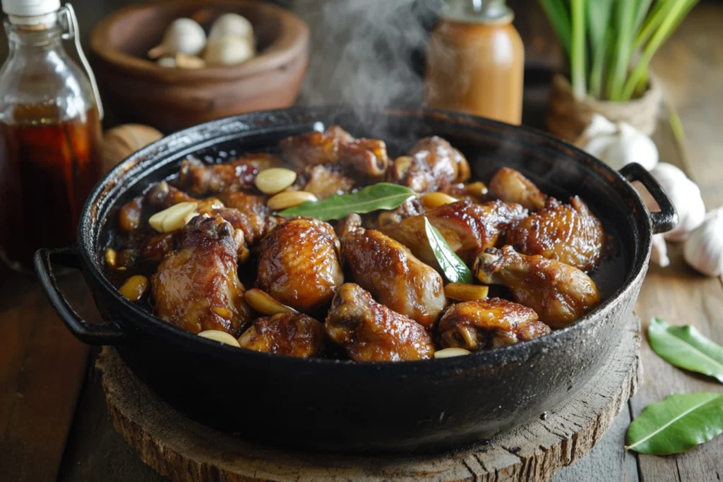 A sizzling pot of chicken adobo with tender pieces of chicken, garlic cloves, and bay leaves, surrounded by rustic kitchen ingredients like vinegar and garlic bulbs.