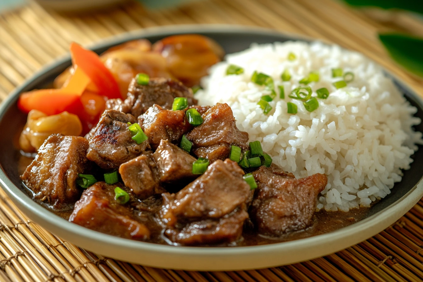 A plate of chicken adobo served with steaming white rice garnished with chopped green onions, accompanied by pickled vegetables on the side.