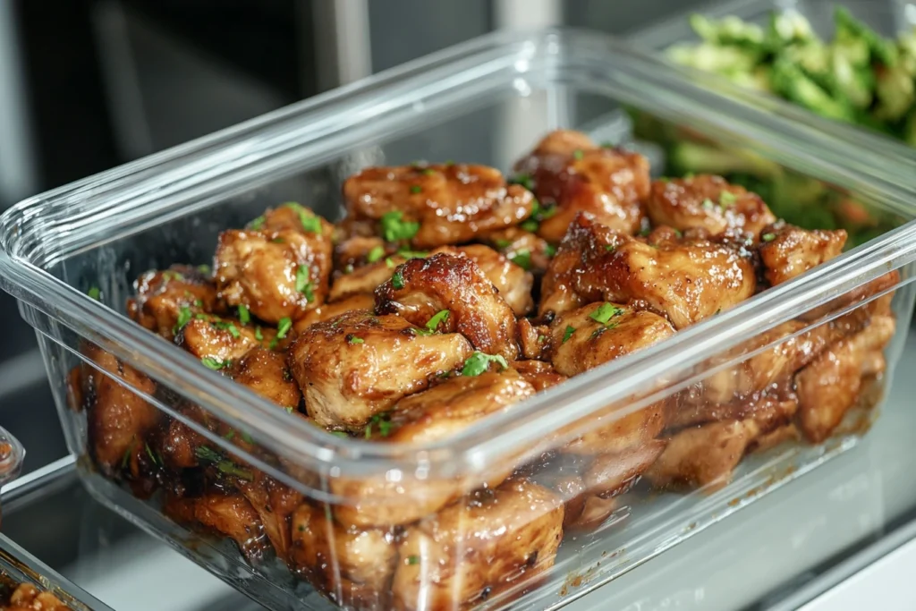 A container of chicken adobo stored in a clear airtight plastic box, garnished with fresh herbs, ready for refrigeration or reheating.