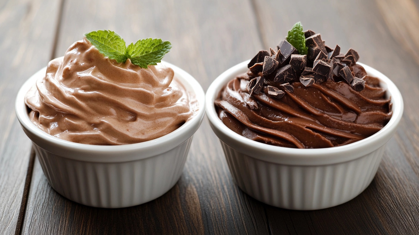 Two white ramekins, one filled with light chocolate mousse garnished with mint, and the other with rich chocolate pudding topped with chocolate chunks and a mint leaf.