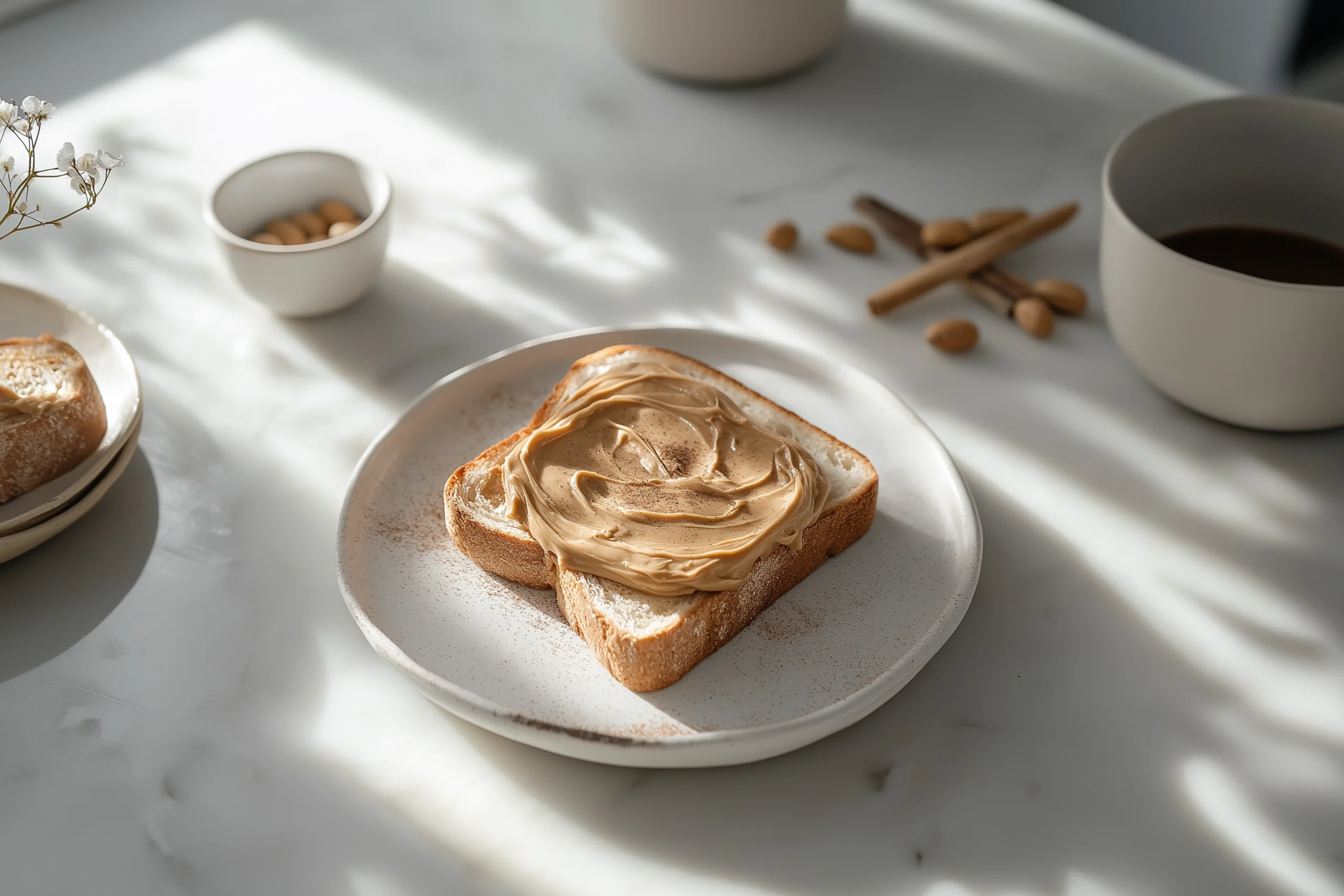 A slice of toast spread with creamy peanut butter and sprinkled lightly with cinnamon, placed on a white ceramic plate on a marble countertop, surrounded by a soft morning glow, with a cup of coffee, cinnamon sticks, and almonds blurred in the background.