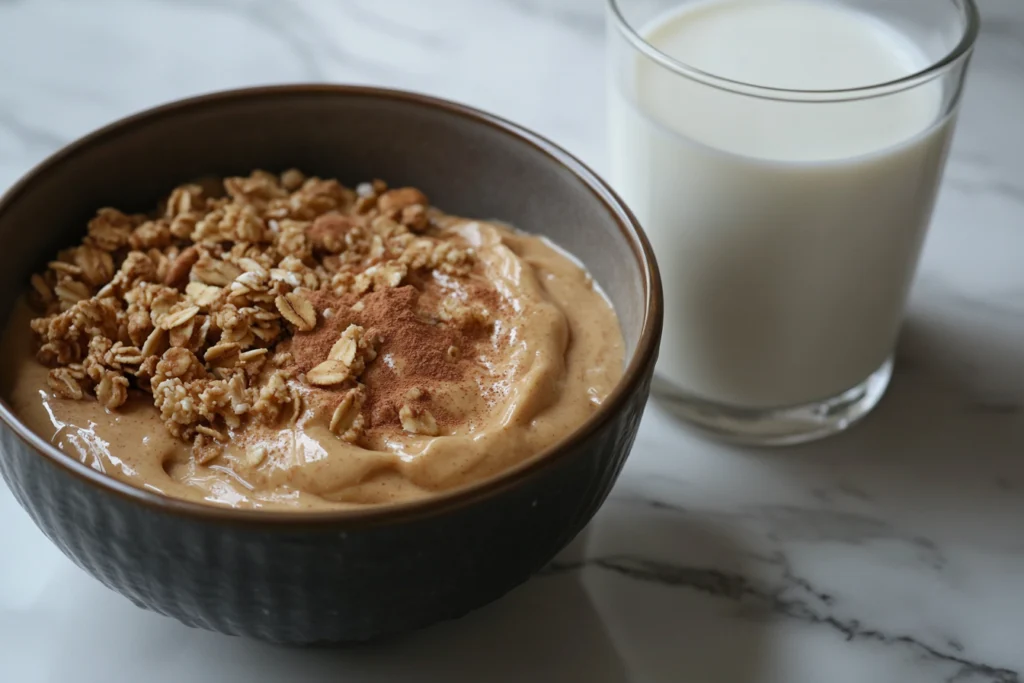 A bowl filled with creamy peanut butter yogurt topped with granola and a sprinkle of cinnamon, placed on a marble countertop next to a glass of milk.