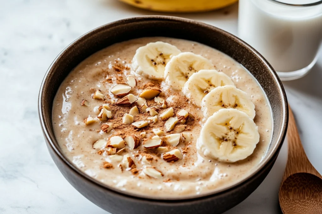 A bowl of creamy peanut butter smoothie topped with banana slices, chopped almonds, and a sprinkle of cinnamon, placed on a marble countertop with a wooden spoon and a glass of milk in the background.