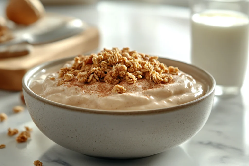 A bowl of creamy peanut butter mousse topped with crunchy granola and cinnamon, placed on a marble countertop with a glass of milk in the background.