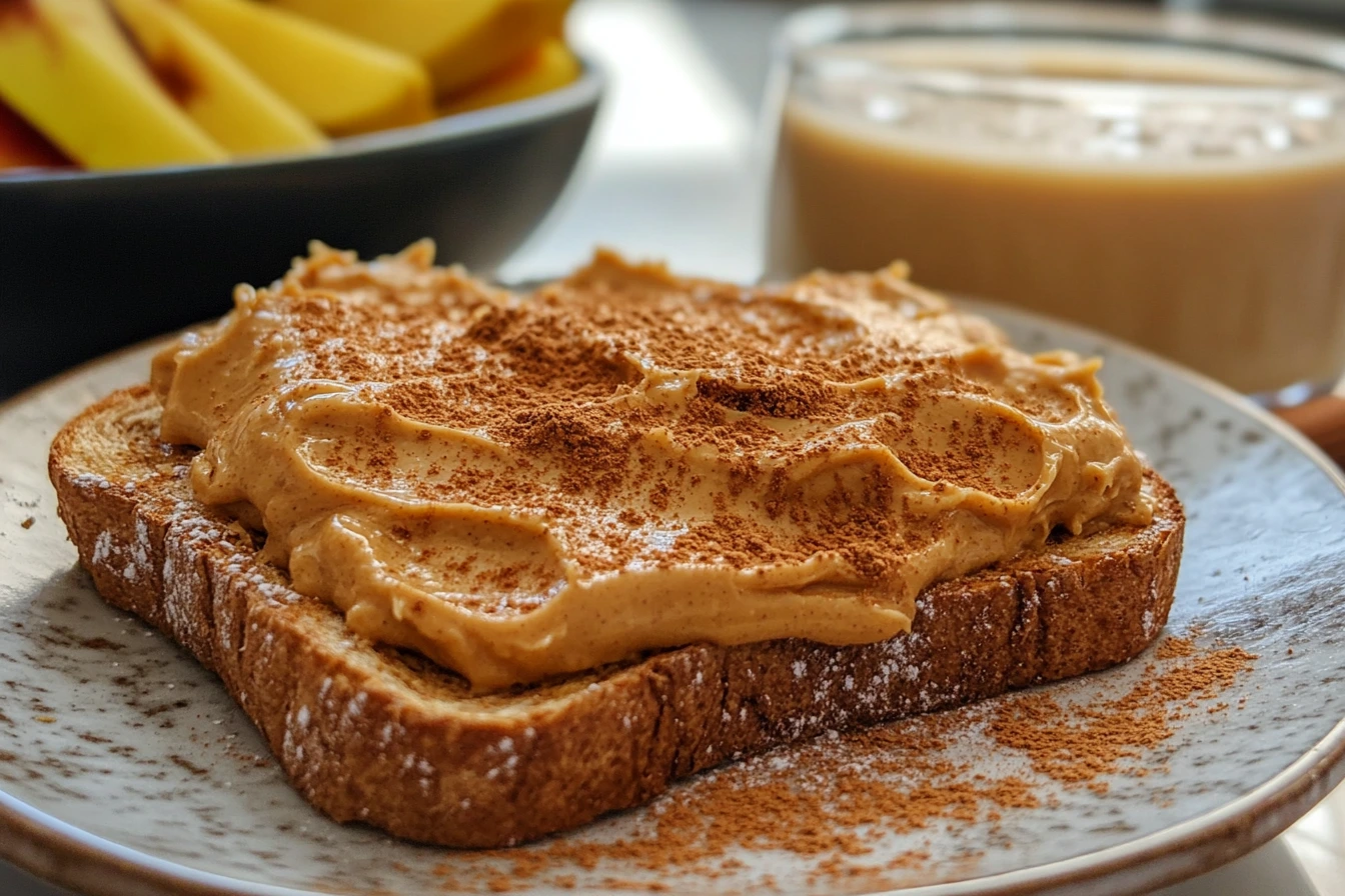 A close-up of a slice of toast generously spread with creamy peanut butter, sprinkled with a dusting of cinnamon, served on a rustic plate. A bowl of sliced apples and a glass of creamy beverage are visible in the background.