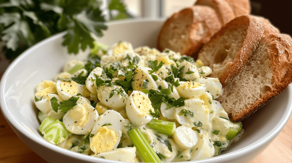 A bowl of classic egg salad with chopped hard-boiled eggs, celery, and fresh parsley, served with slices of crusty bread.