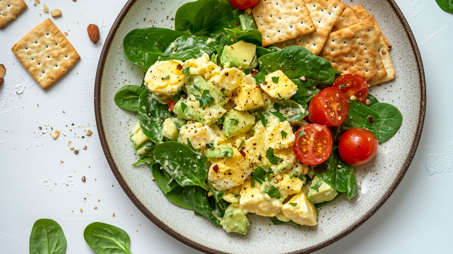 A plate of healthy egg salad featuring spinach, diced avocado, and cherry tomatoes, garnished with fresh parsley and served alongside crackers.