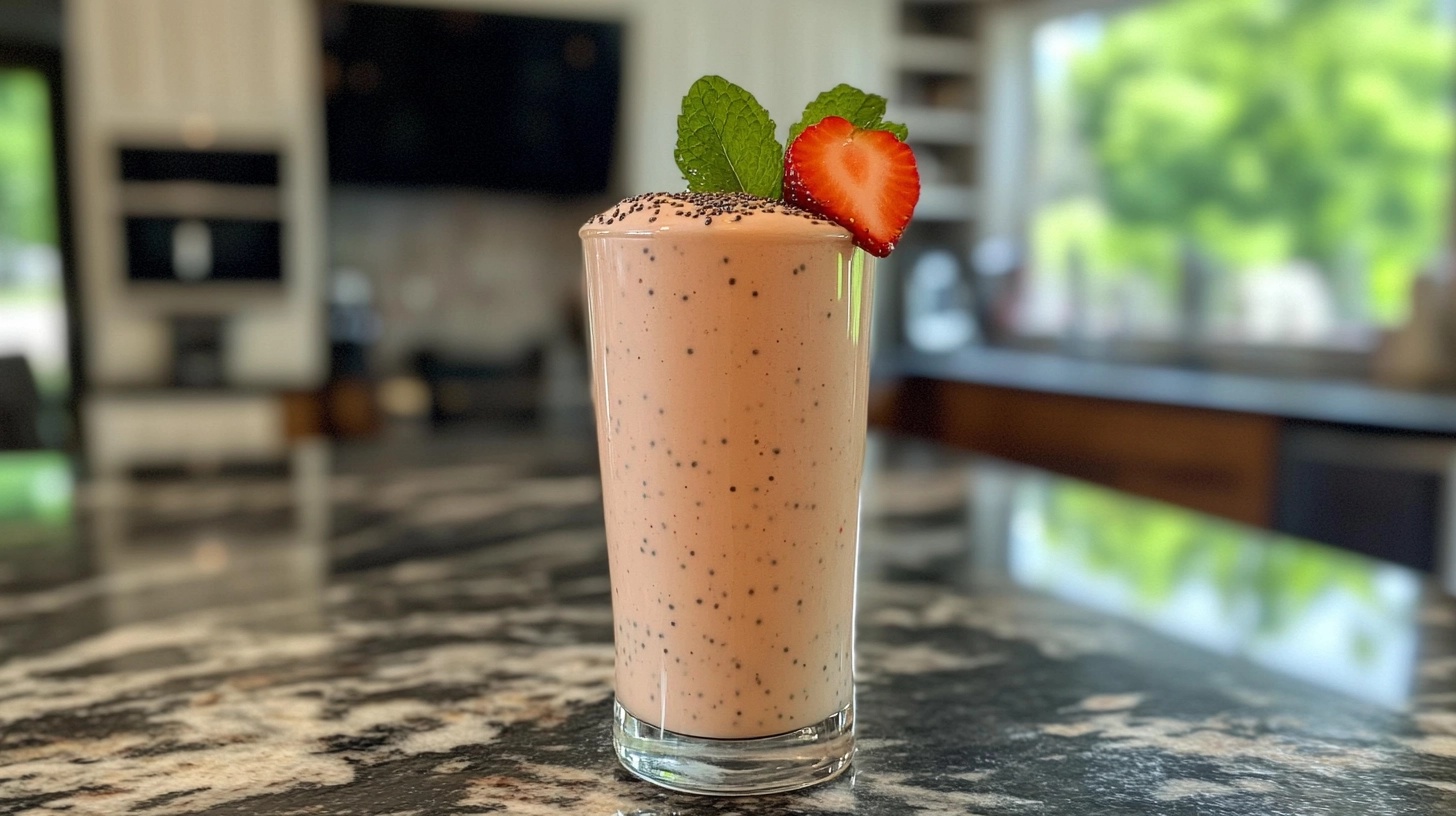 A glass of pink smoothie topped with chia seeds, a fresh strawberry slice, and mint leaves, placed on a marble countertop with a blurred kitchen background.