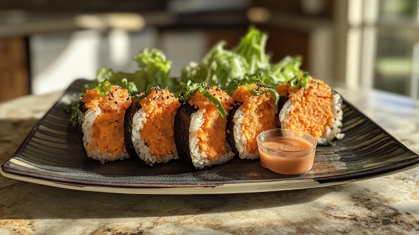 Plated sweet potato sushi rolls with a creamy filling, garnished with fresh herbs and sesame seeds, served with a side of spicy dipping sauce.