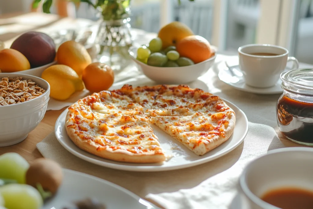 A breakfast table featuring a cheese pizza on a white plate, surrounded by fresh fruits, a bowl of cereal, a cup of coffee, and a jar of jam, bathed in natural morning light.