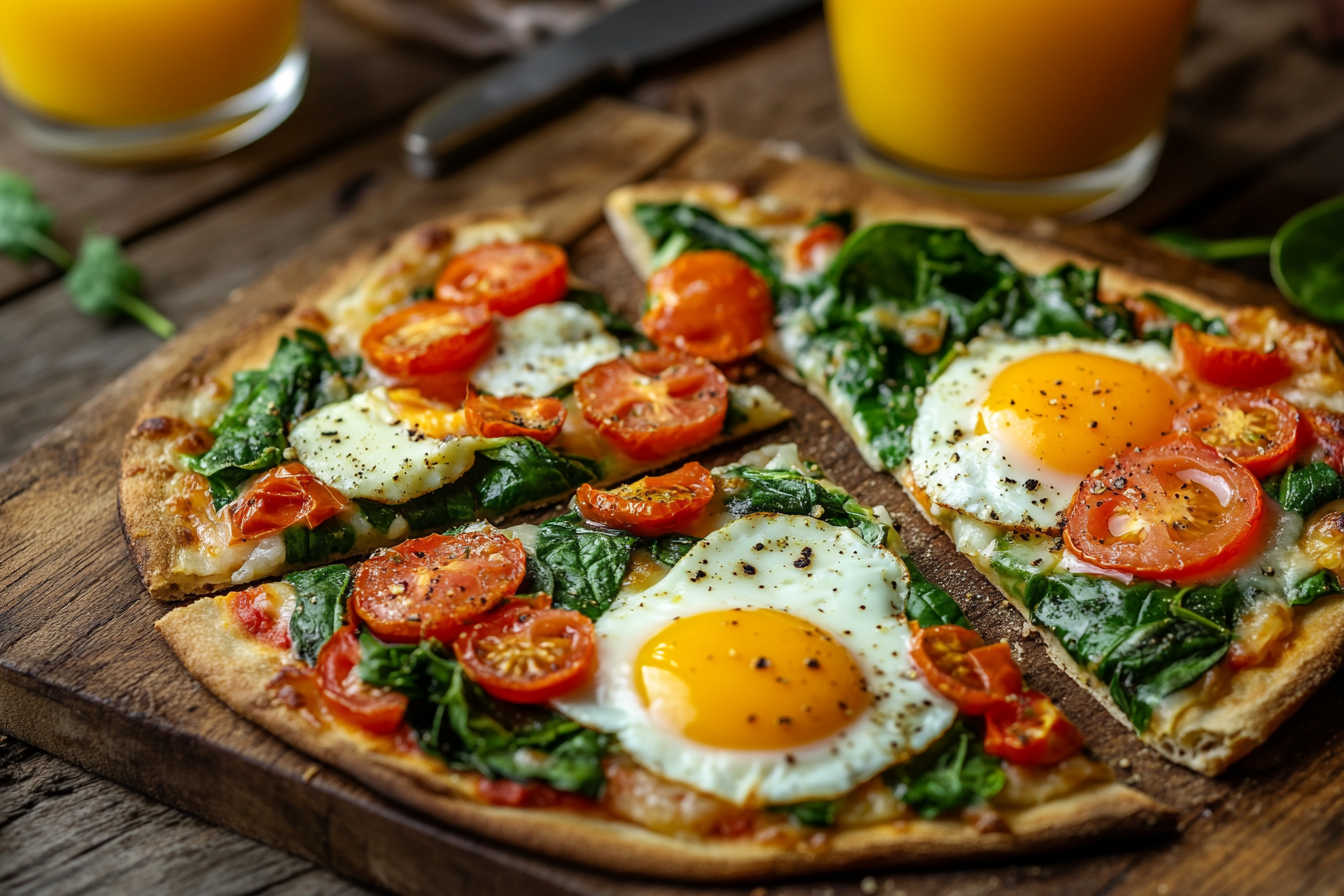 A breakfast pizza topped with sunny-side-up eggs, fresh spinach, and cherry tomatoes on a wooden board, accompanied by a glass of orange juice.