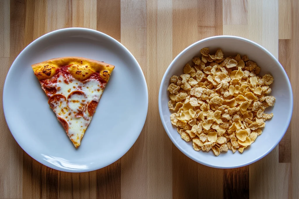 A side-by-side comparison of a slice of pepperoni pizza on a white plate and a bowl of cornflakes on a wooden table.