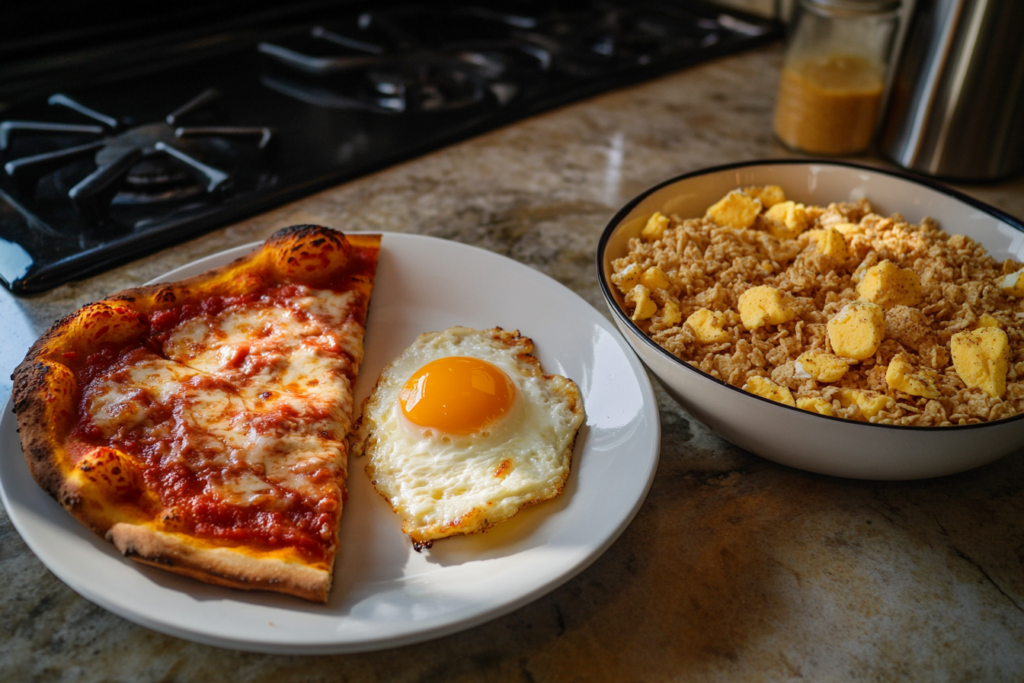 A plate with a slice of pizza, a sunny-side-up egg, and a bowl of cereal on a marble countertop with a stove in the background.