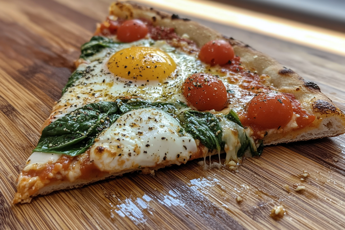 A slice of breakfast pizza topped with spinach, cherry tomatoes, and a sunny-side-up egg, served on a wooden cutting board.