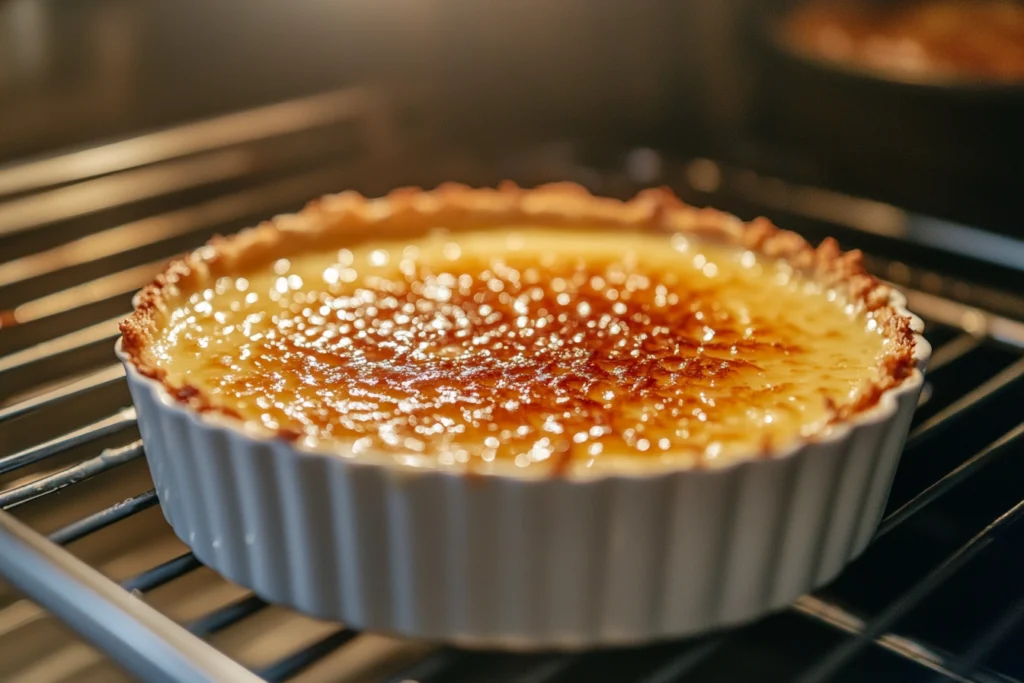 Close-up of a golden-brown crème brûlée with a caramelized sugar crust, placed in a white ramekin inside an oven.