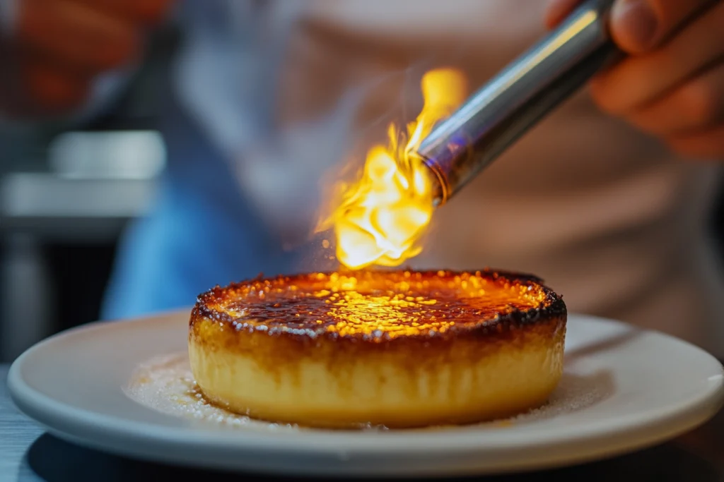 A chef using a culinary torch to caramelize the sugar crust on a crème brûlée, creating a golden, glossy topping.