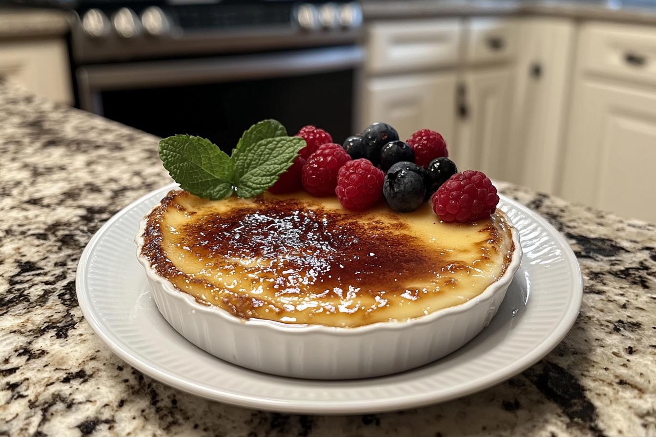 A perfectly caramelized crème brûlée garnished with fresh raspberries, blueberries, and a sprig of mint, served in a white ramekin on a plate.