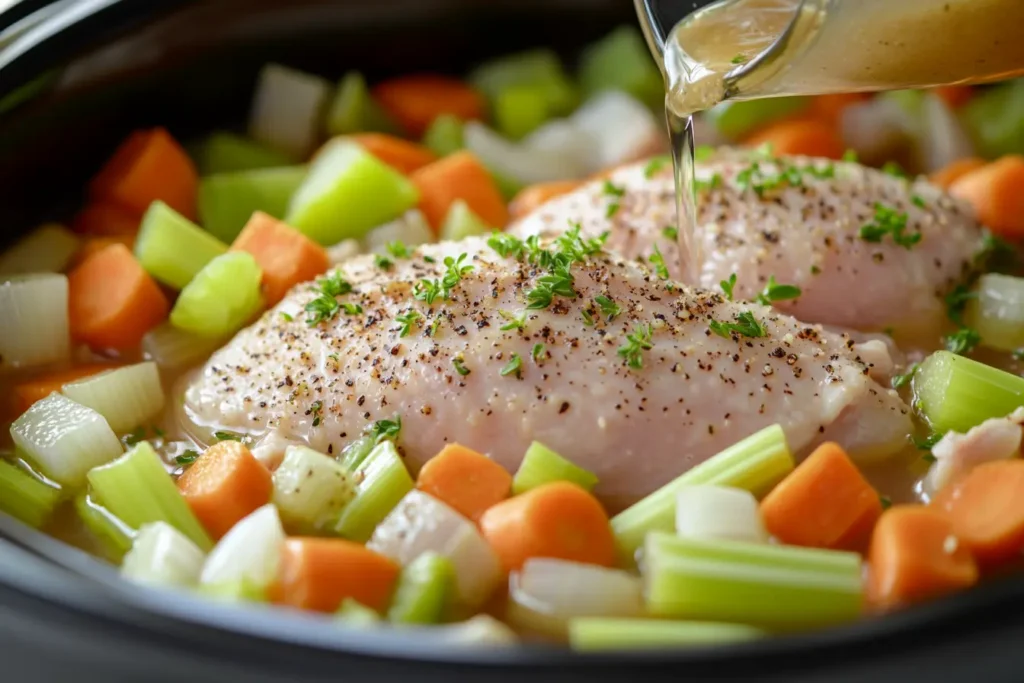 Raw chicken breasts seasoned with pepper and herbs surrounded by chopped carrots, celery, and onions in a slow cooker, with broth being poured over the ingredients.