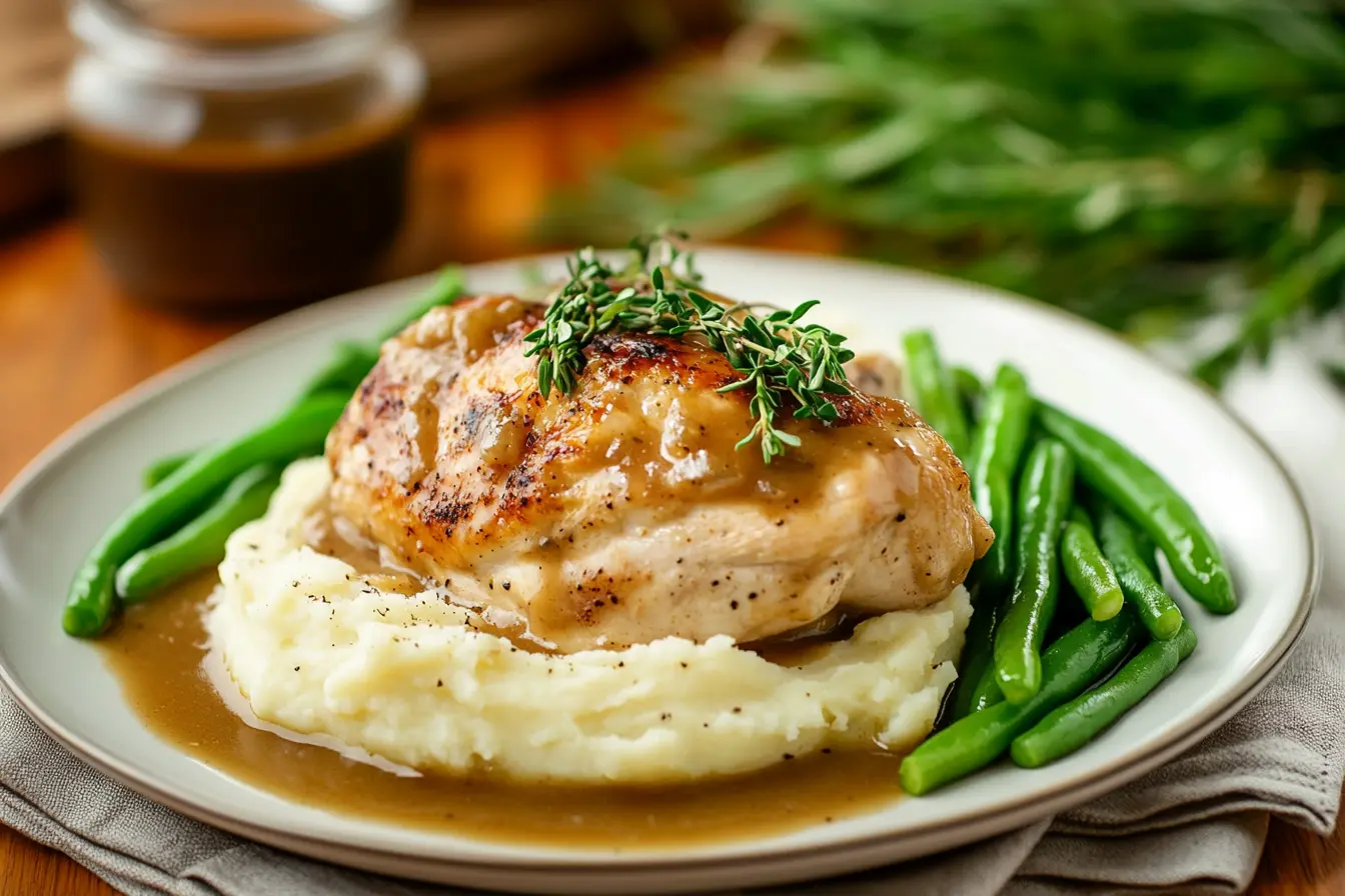 Cooked chicken breast topped with gravy and fresh thyme, served over mashed potatoes with green beans on a plate.