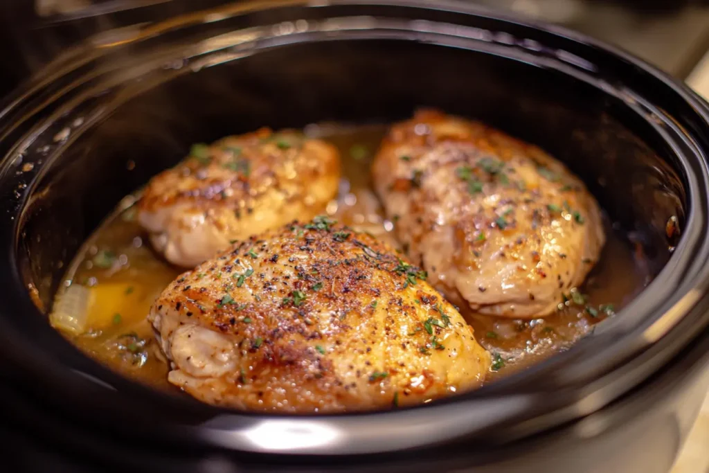 Slow-cooked seasoned chicken breasts in a black slow cooker with a rich broth and garnished with fresh herbs.