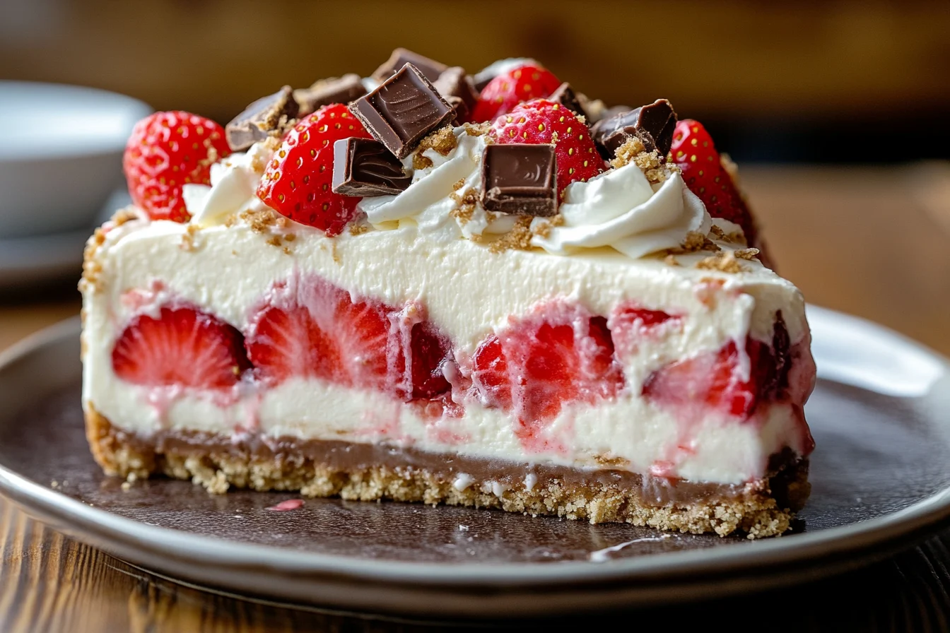 A slice of strawberry cheesecake topped with fresh strawberries, chocolate pieces, whipped cream, and crumbled graham cracker crust on a white plate.