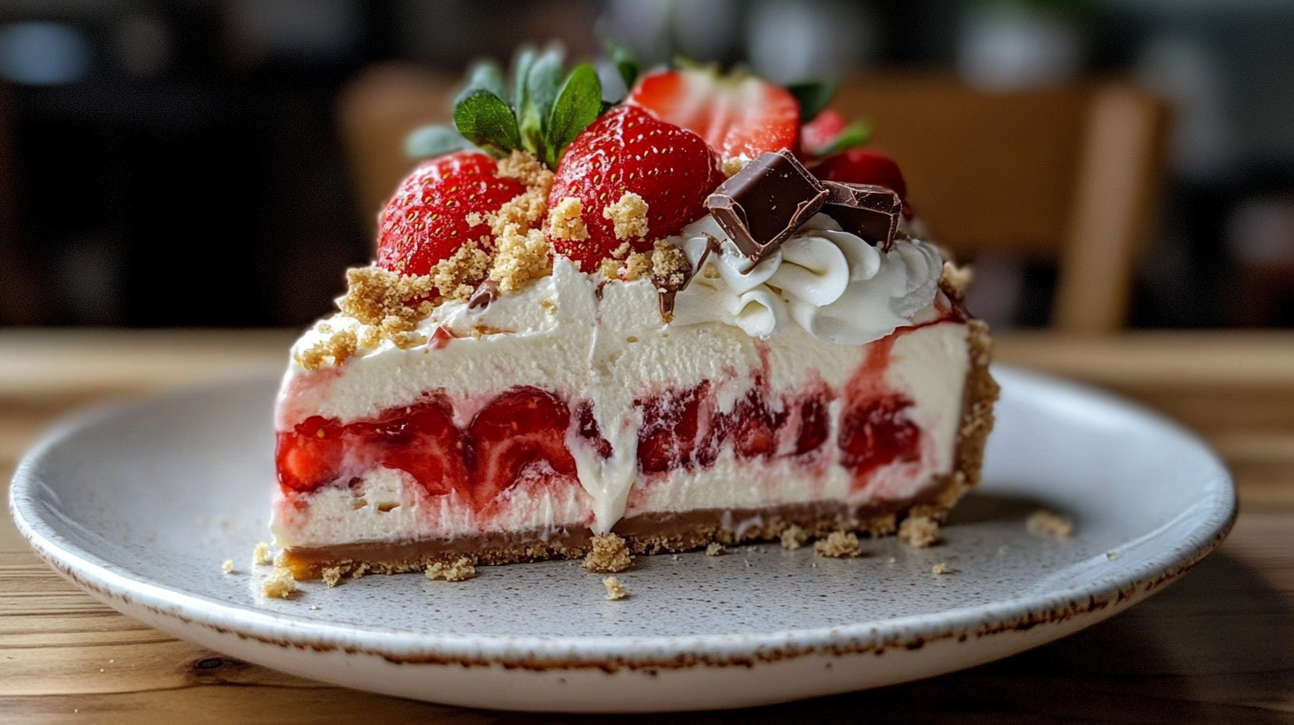 A slice of strawberry cheesecake topped with fresh strawberries, chocolate pieces, whipped cream, and crumbled graham cracker crust on a white plate.