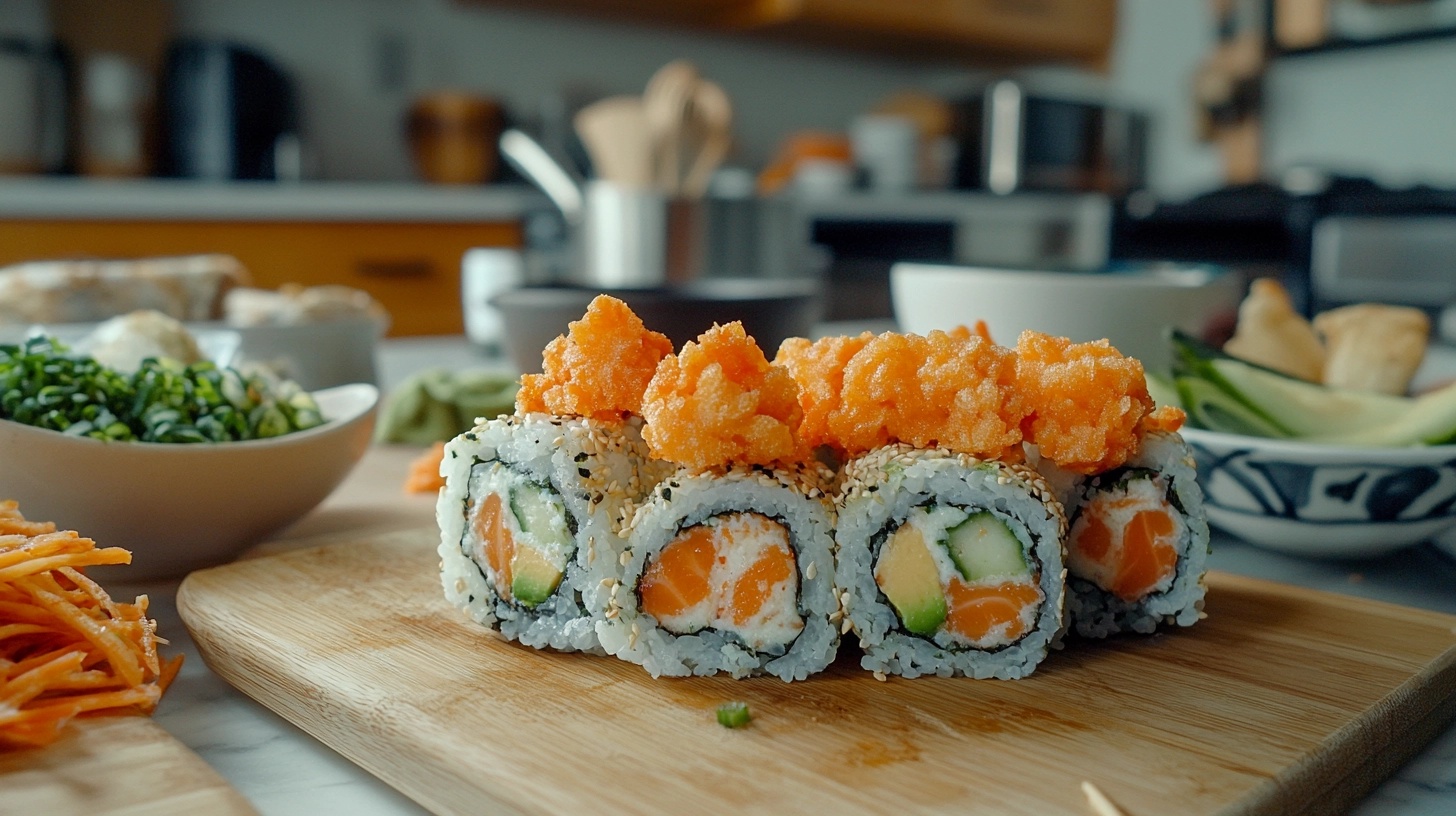 Yam tempura sushi rolls on a wooden serving board, topped with crispy tempura flakes, surrounded by bowls of fresh ingredients in a kitchen setting.