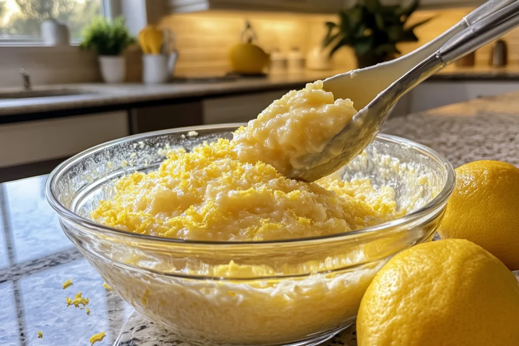 A glass bowl filled with freshly prepared lemon pie filling, garnished with bright yellow lemon zest, with whole lemons and a kitchen counter in the background.