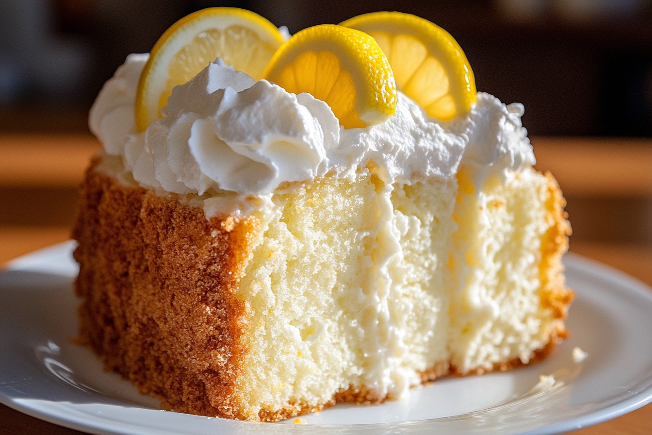 A slice of angel food cake topped with whipped cream and garnished with fresh lemon slices, served on a white plate