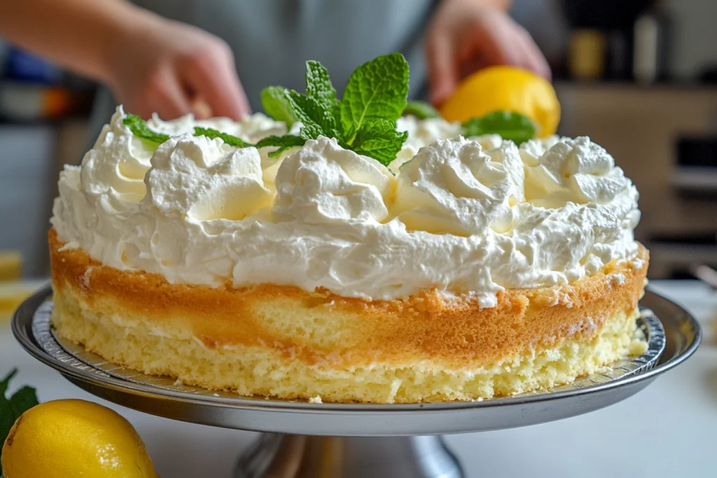 A whole angel food cake topped with swirls of whipped cream and garnished with fresh mint leaves, displayed on a cake stand with lemons nearby.