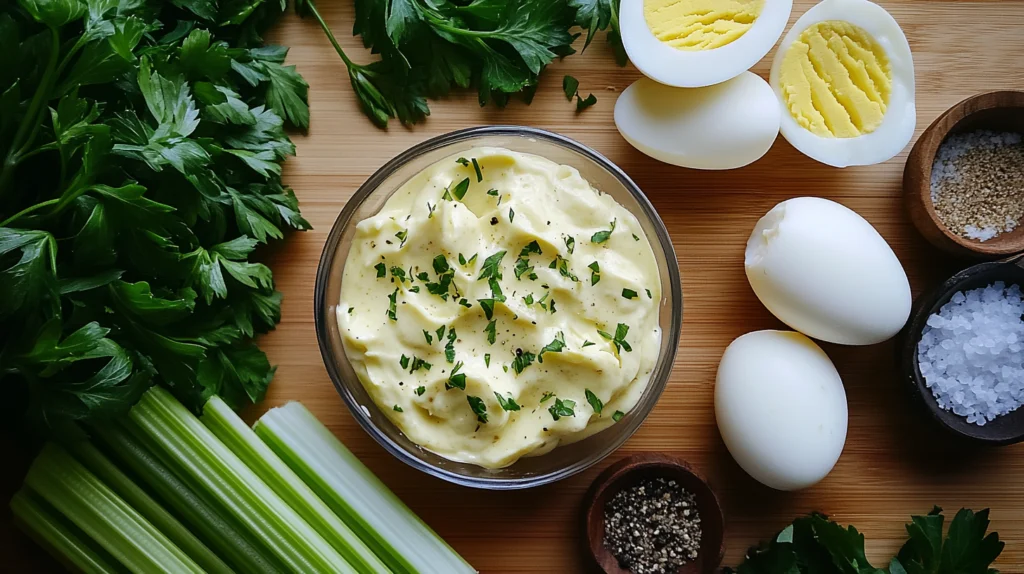 Masters Egg Salad Recipe ingredients: hard-boiled eggs, a bowl of creamy egg salad garnished with parsley, celery stalks, parsley leaves, and small bowls of salt, pepper, and seasoning on a wooden surface.