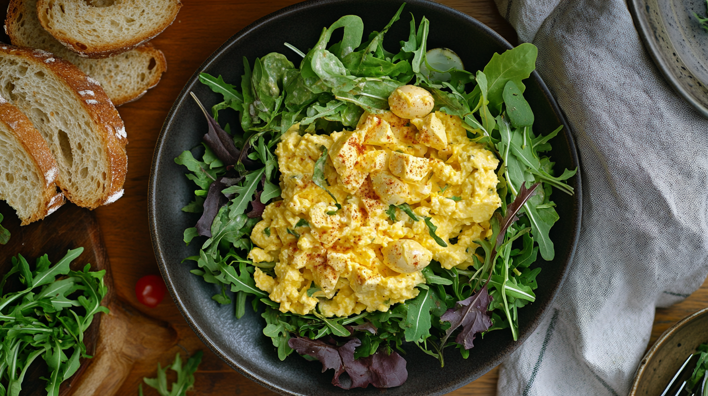 Masters Egg Salad served on a bed of fresh mixed greens, garnished with paprika, alongside slices of rustic bread on a wooden surface.