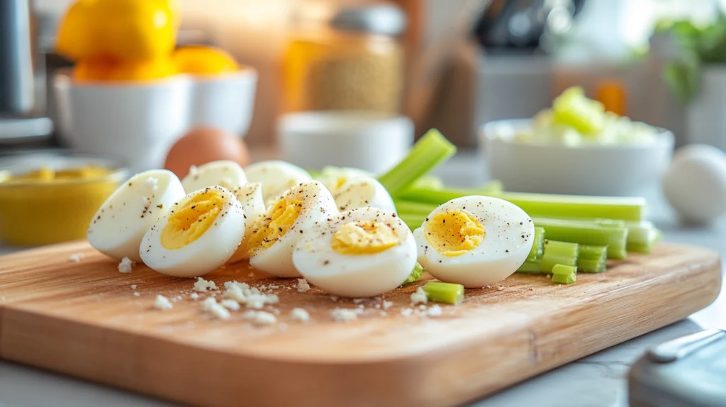 Sliced hard-boiled eggs seasoned with black pepper, placed on a wooden cutting board alongside fresh celery stalks in a bright kitchen setting.